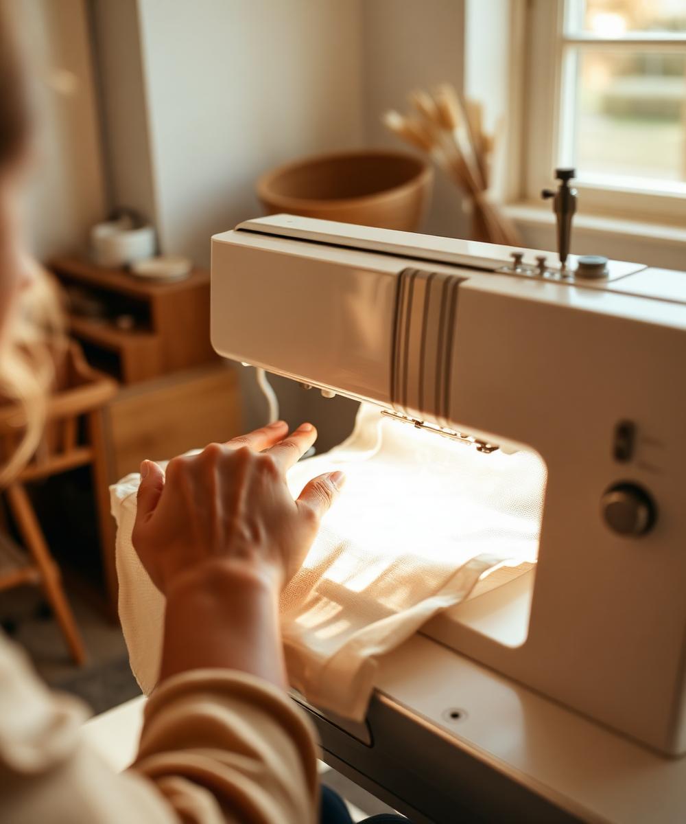 The maker guiding natural canvas through an embroidery machine in a sunlit studio